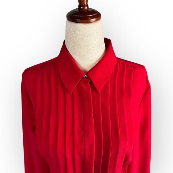 Talbots Womens Red Collared Pleated Long Sleeve Blouse Medium - Picture 2 of 7